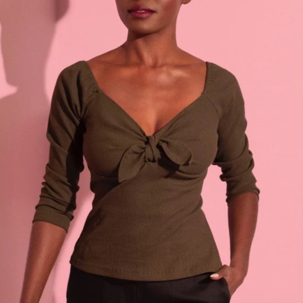 Vixen by Micheline Pitt Tie Me Up Top in Olive (XS)